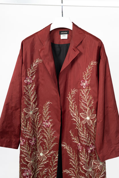 eskandar Red Silk Taffeta Floral-Embroidered Topper Coat