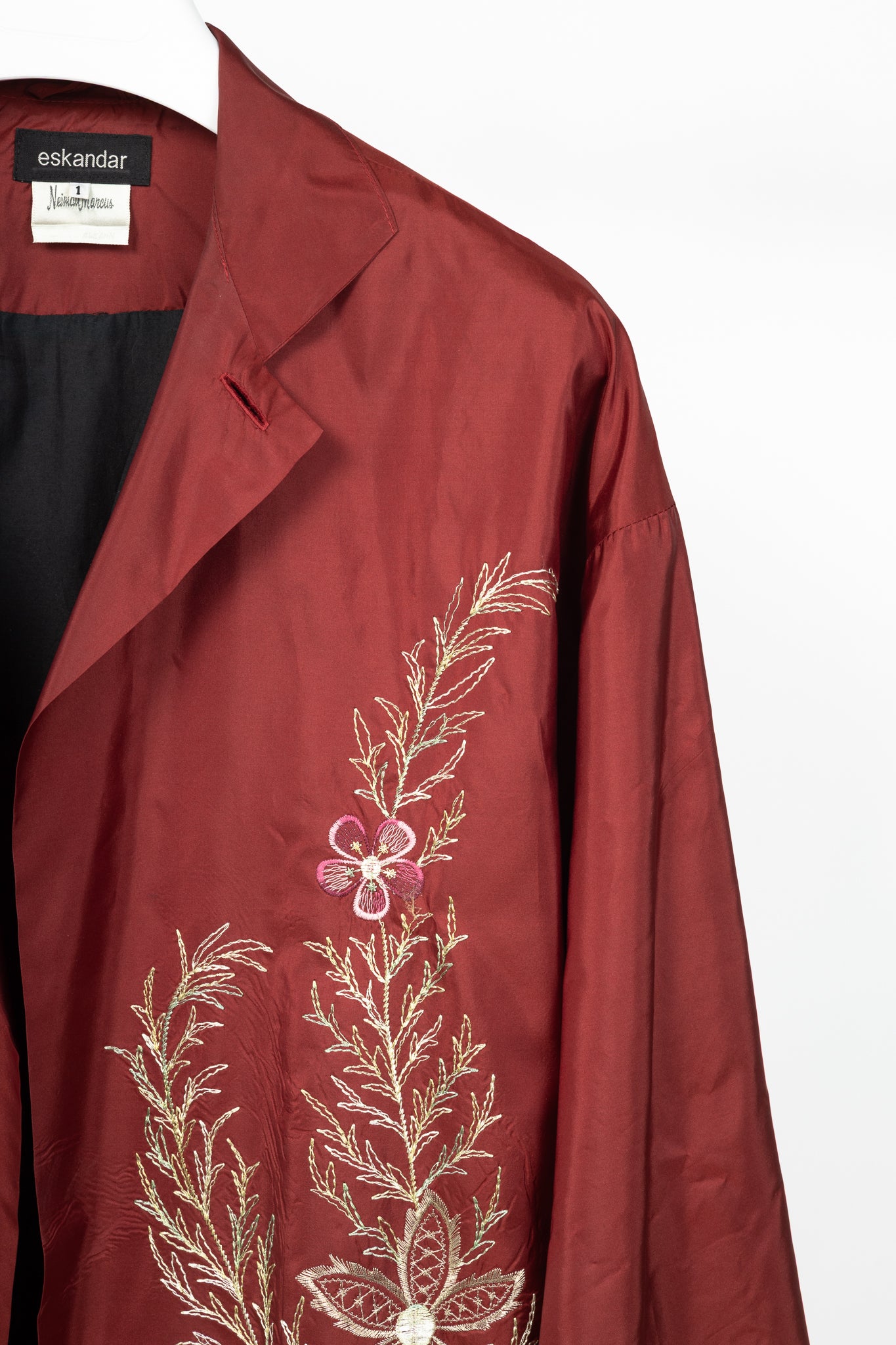 eskandar Red Silk Taffeta Floral-Embroidered Topper Coat