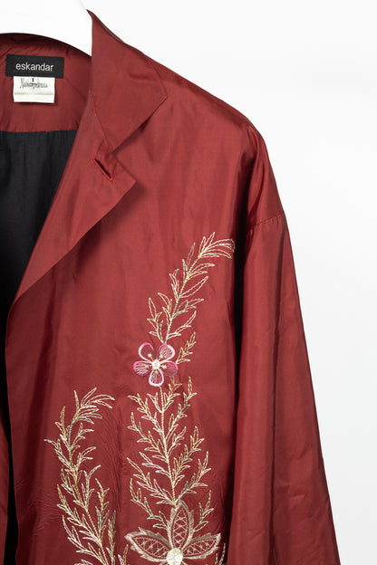 eskandar Red Silk Taffeta Floral-Embroidered Topper Coat