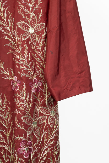 eskandar Red Silk Taffeta Floral-Embroidered Topper Coat