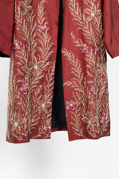 eskandar Red Silk Taffeta Floral-Embroidered Topper Coat