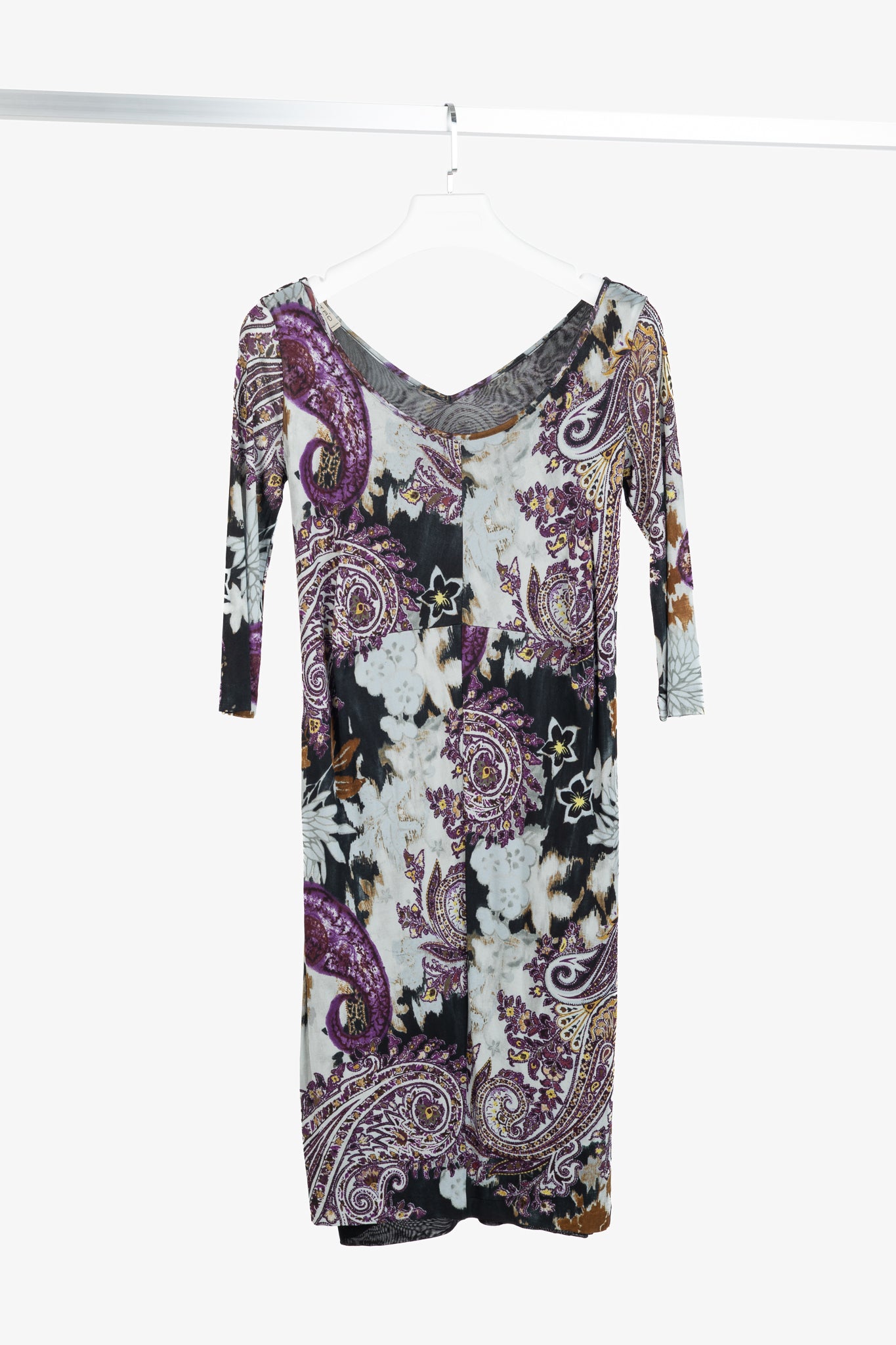 Etro Grey & Purple Floral-Paisley Mesh 3/4-Sleeve Dress