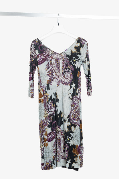 Etro Grey & Purple Floral-Paisley Mesh 3/4-Sleeve Dress