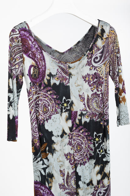 Etro Grey & Purple Floral-Paisley Mesh 3/4-Sleeve Dress