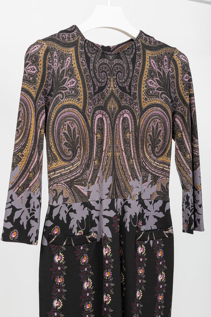 Etro Purple & Black Paisley & Floral Jersey Midi Dress