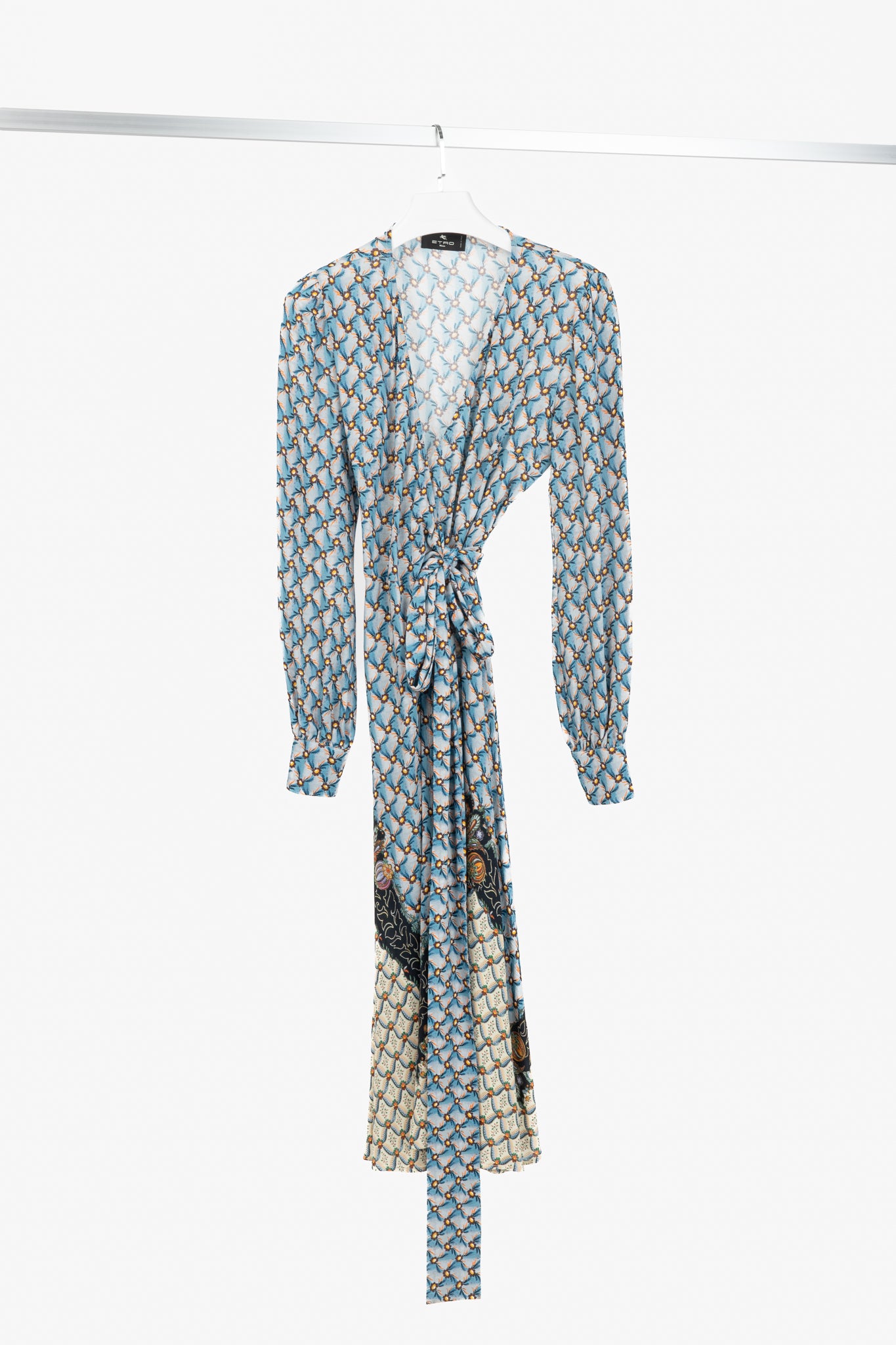 Etro PF/23 Azzurro Floralia Crepe Midi Wrap Dress
