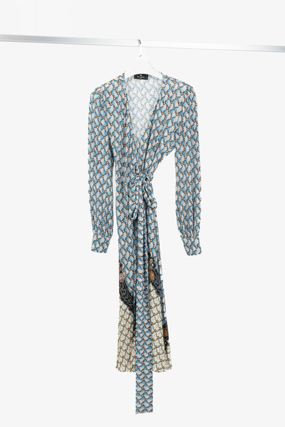Etro PF/23 Azzurro Floralia Crepe Midi Wrap Dress