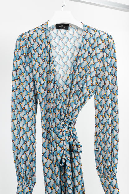 Etro PF/23 Azzurro Floralia Crepe Midi Wrap Dress