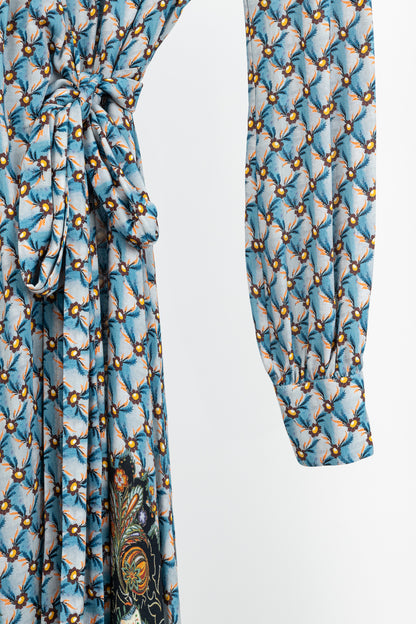 Etro PF/23 Azzurro Floralia Crepe Midi Wrap Dress