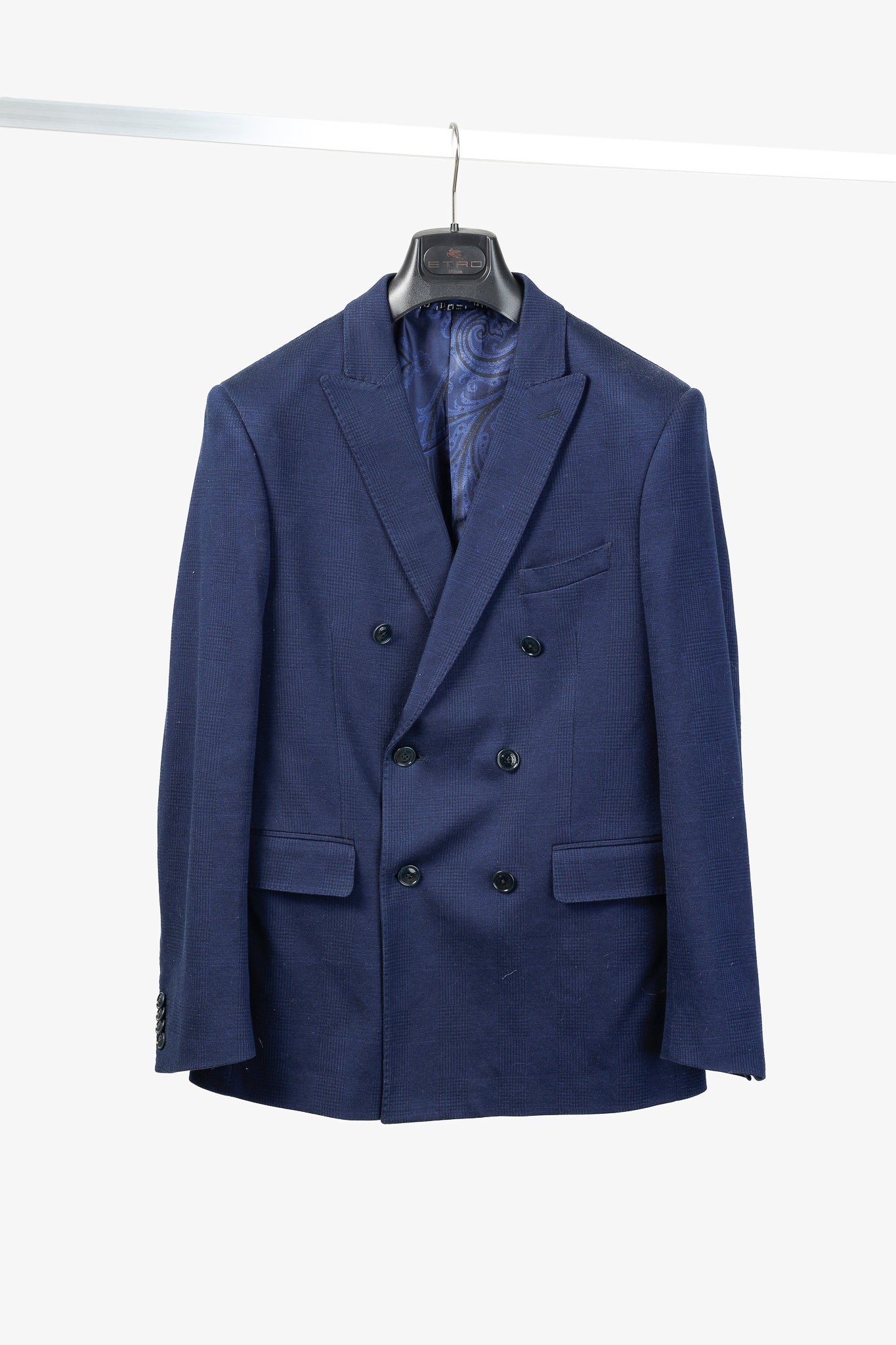 Etro Navy Blue Tartan Double-Breasted Silk-Lined Blazer