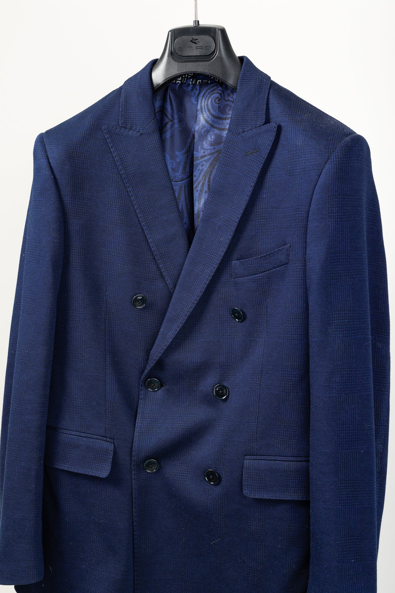 Etro Navy Blue Tartan Double-Breasted Silk-Lined Blazer