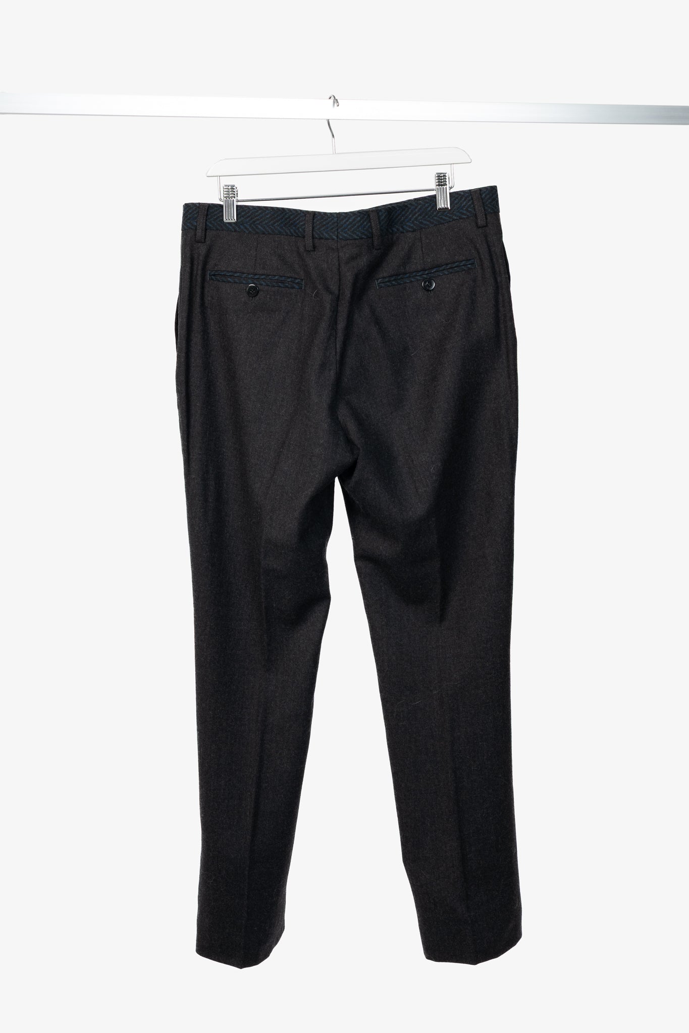 Etro Superleggerr Charcoal Wool-Flannel Herringbone-Trim Trousers