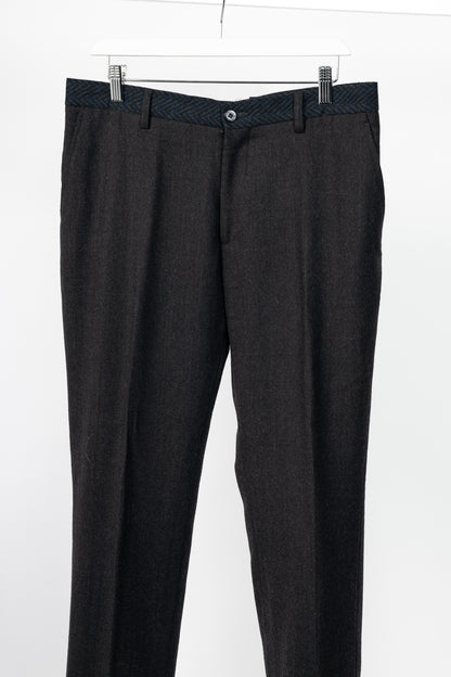 Etro Superleggerr Charcoal Wool-Flannel Herringbone-Trim Trousers