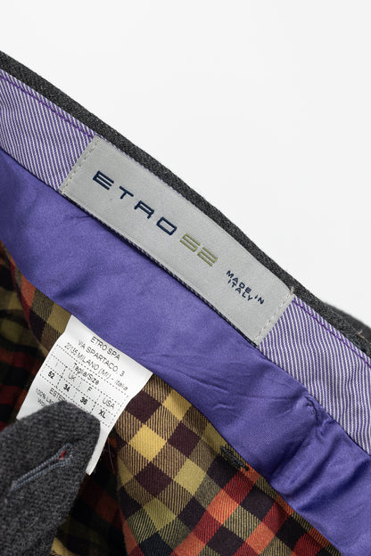 Etro Grey Plaid Wool-Flannel Slim Trousers