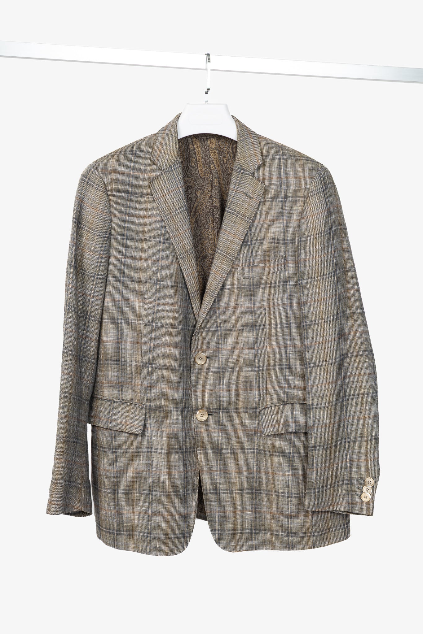 Etro Grey Plaid Flax & Wool Blazer
