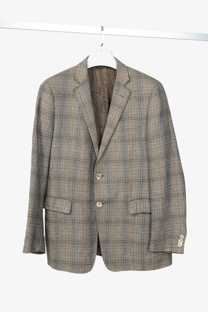 Etro Grey Plaid Flax & Wool Blazer