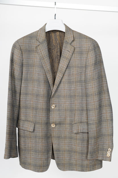 Etro Grey Plaid Flax & Wool Blazer