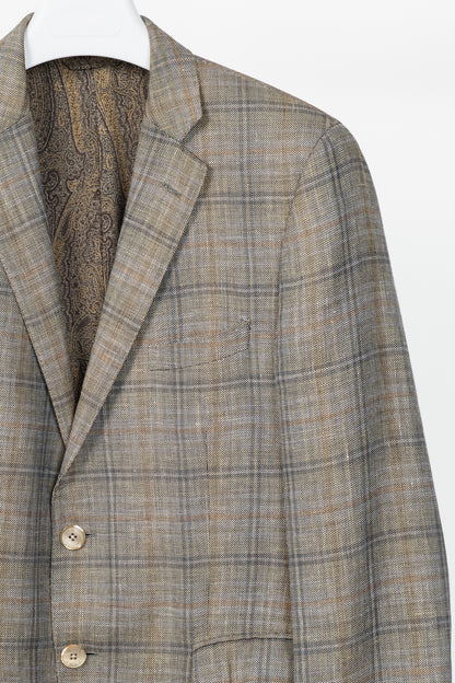 Etro Grey Plaid Flax & Wool Blazer