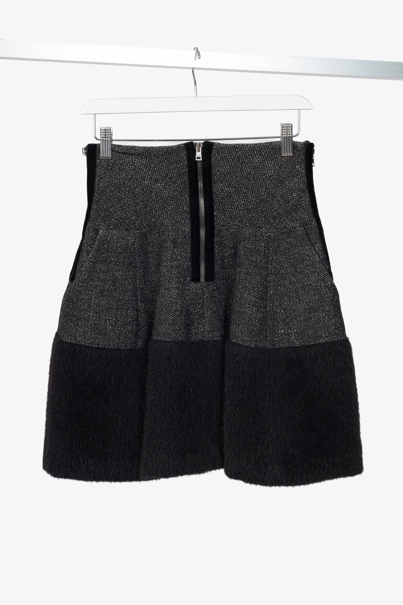 Etro Black Tweed Fur-Hem Flared Mini Skirt