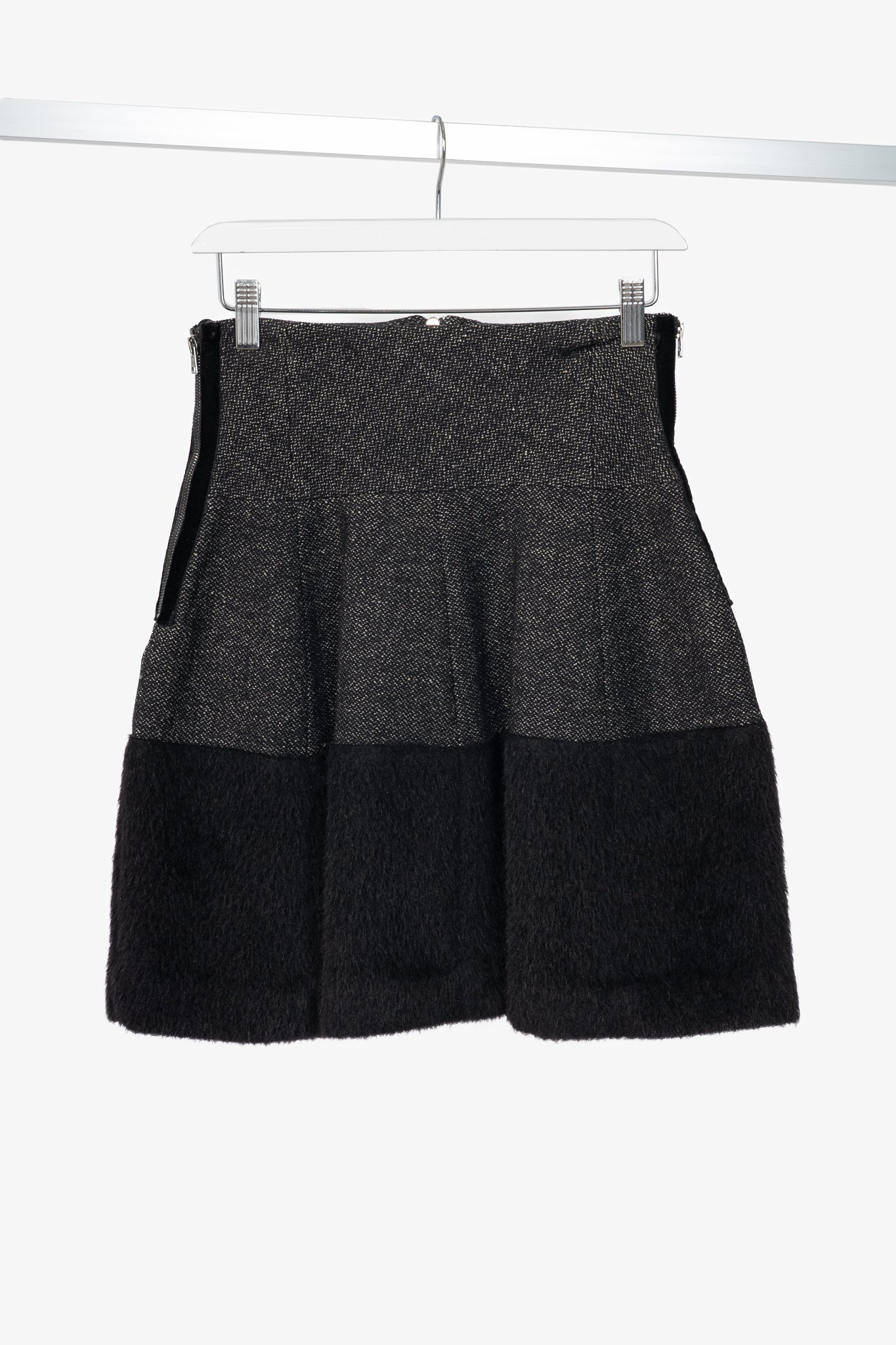Etro Black Tweed Fur-Hem Flared Mini Skirt