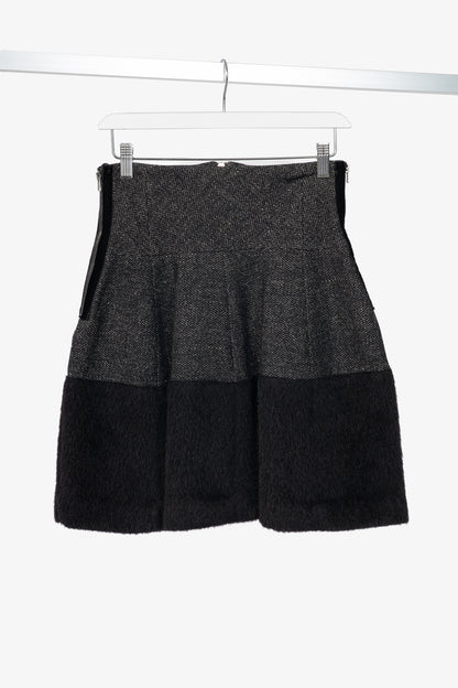 Etro Black Tweed Fur-Hem Flared Mini Skirt