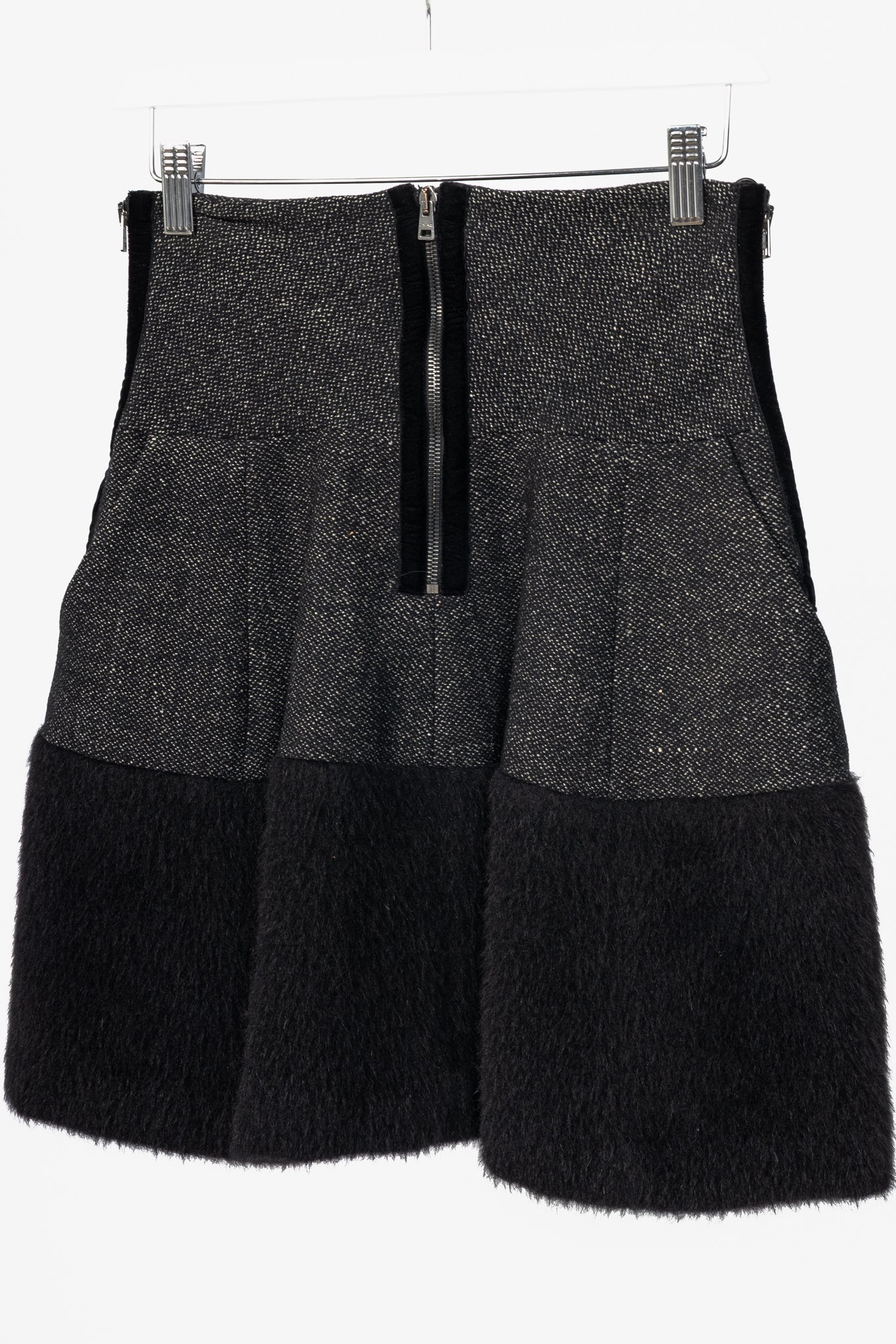 Etro Black Tweed Fur-Hem Flared Mini Skirt