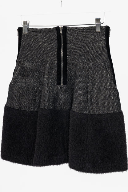 Etro Black Tweed Fur-Hem Flared Mini Skirt