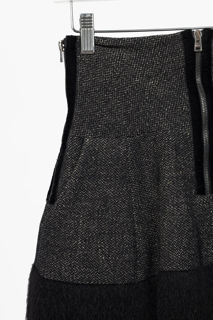 Etro Black Tweed Fur-Hem Flared Mini Skirt