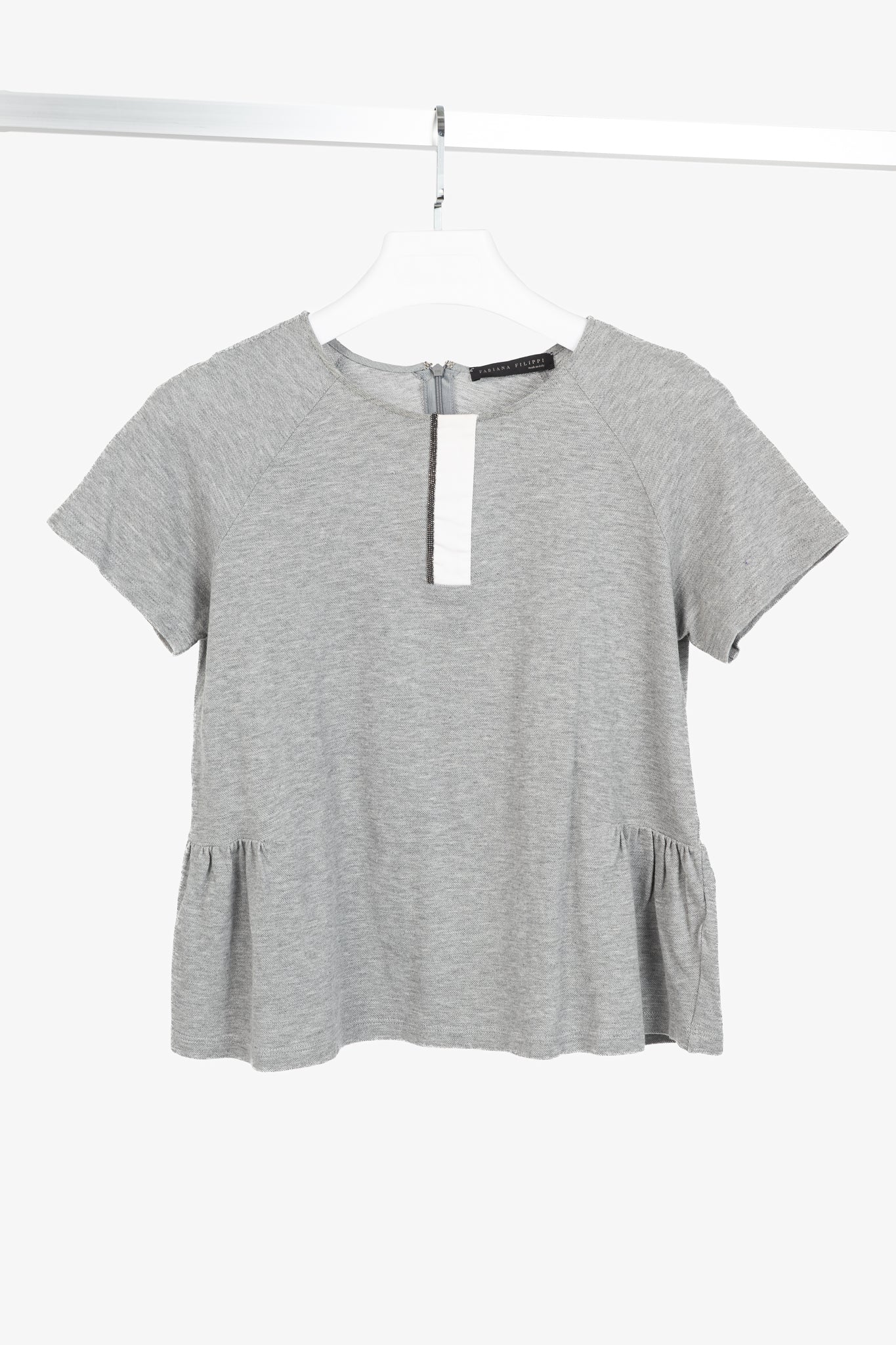 Fabiana Filippi Grey Cotton-Pique Monili Peplum T-Shirt