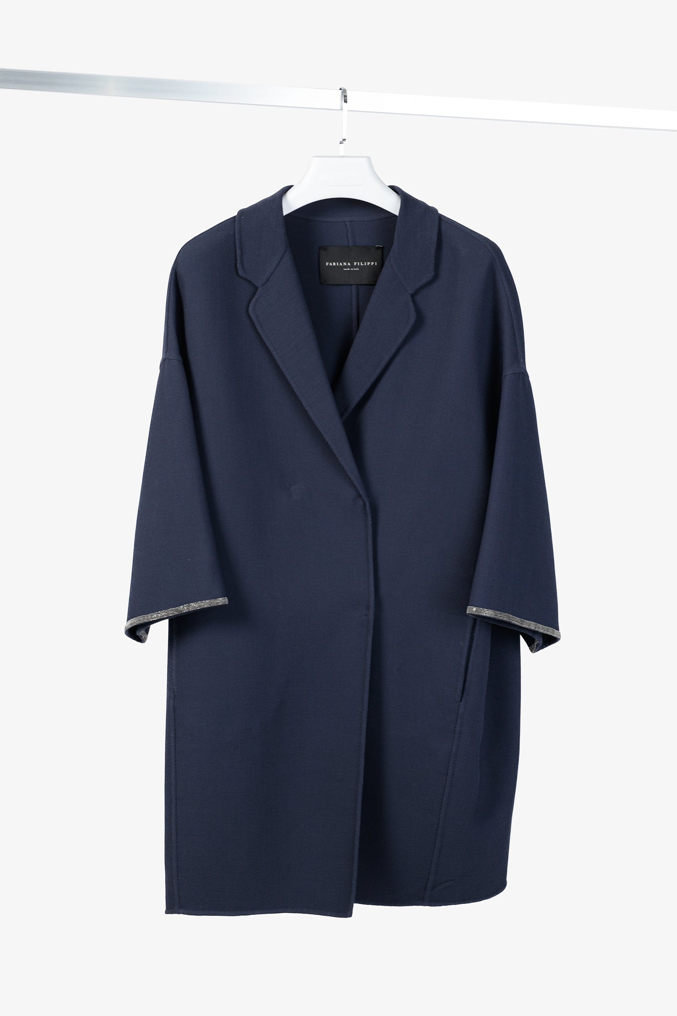 Fabiana Filippi Navy Twill Bead-Trim Double-Breasted Coat