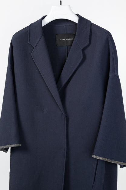 Fabiana Filippi Navy Twill Bead-Trim Double-Breasted Coat
