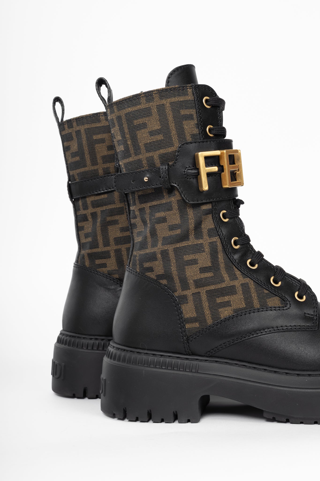 Fendi Fendigraphy Black Leather & Brown FF Pattern Combat Boots