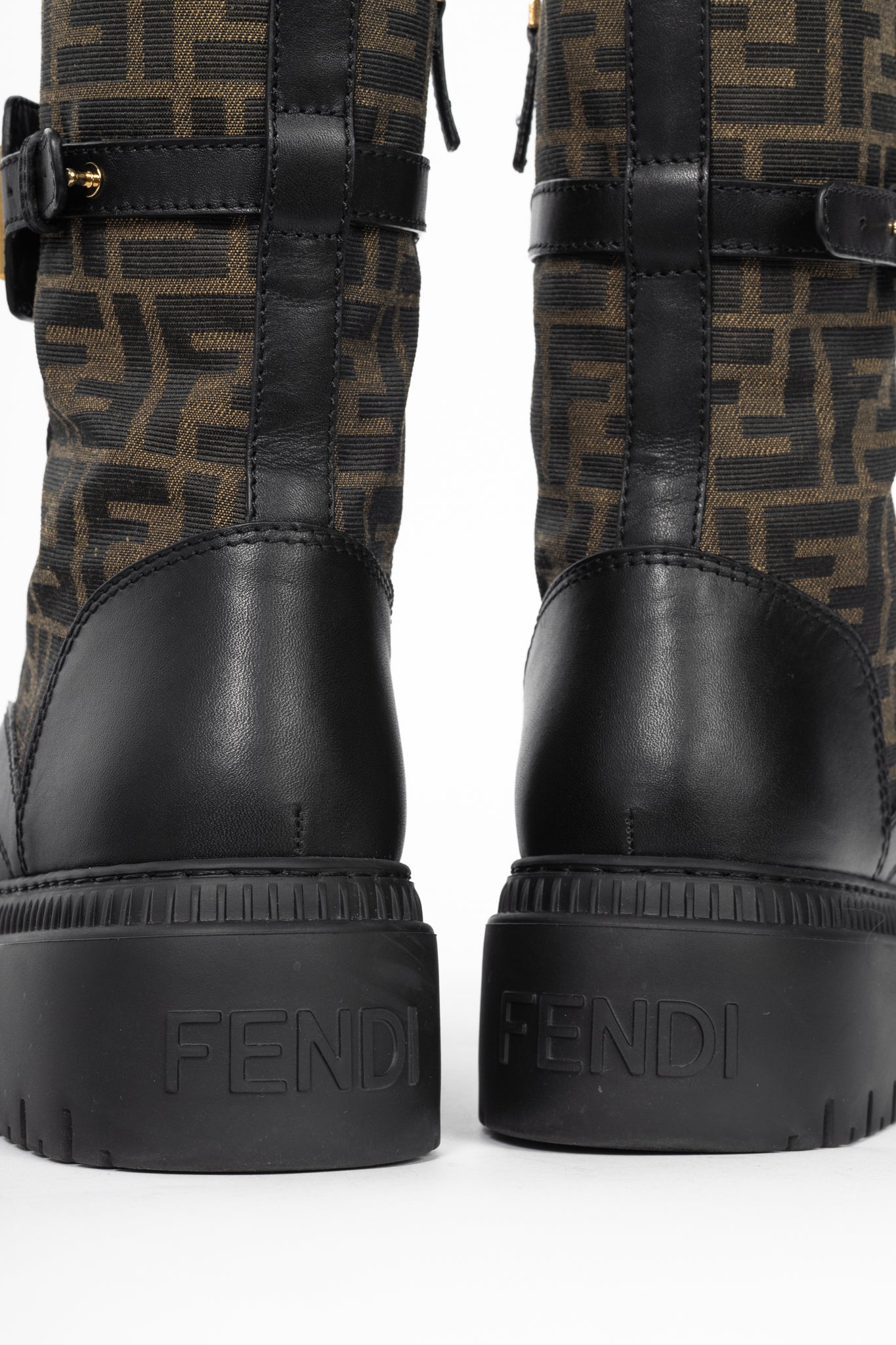 Fendi Fendigraphy Black Leather & Brown FF Pattern Combat Boots