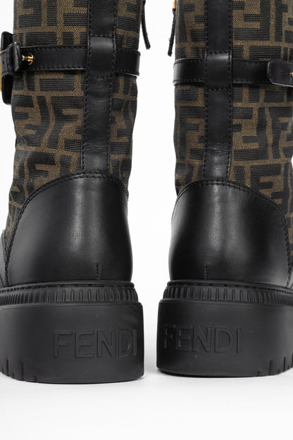 Fendi Fendigraphy Black Leather & Brown FF Pattern Combat Boots