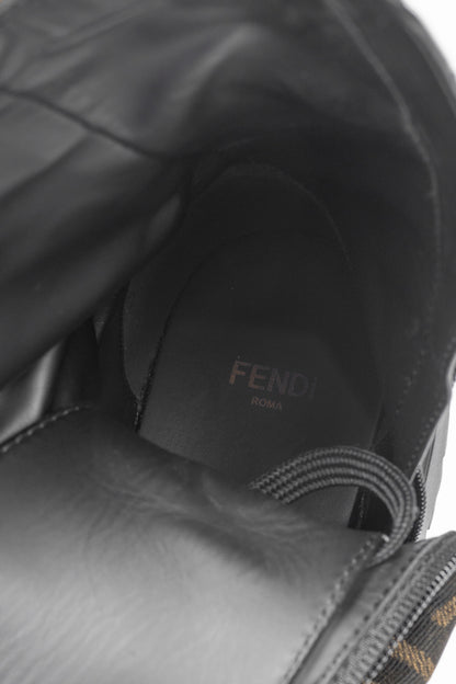 Fendi Fendigraphy Black Leather & Brown FF Pattern Combat Boots