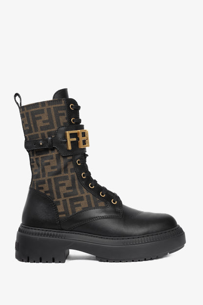 Fendi Fendigraphy Black Leather & Brown FF Pattern Combat Boots