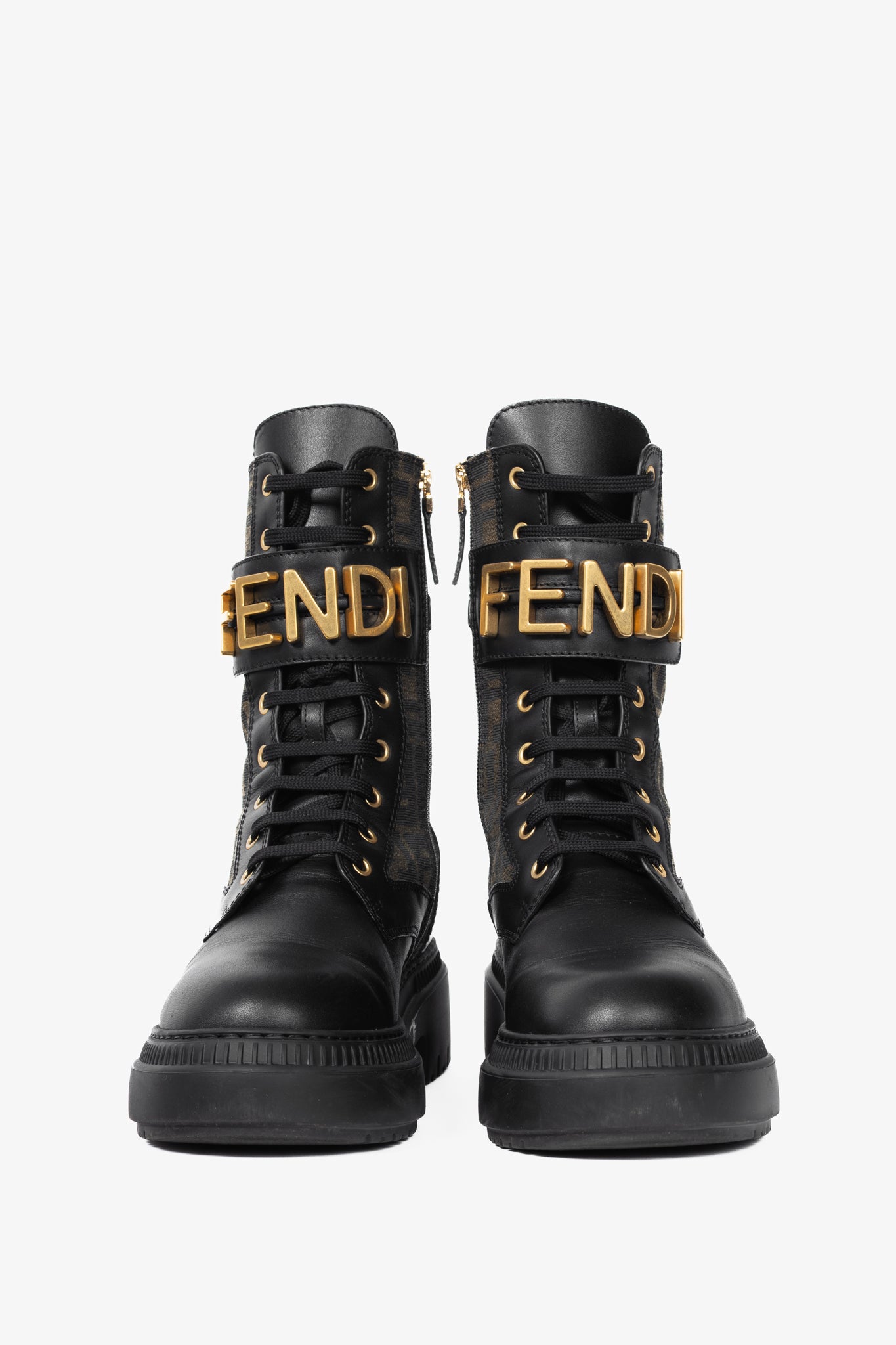 Fendi Fendigraphy Black Leather & Brown FF Pattern Combat Boots