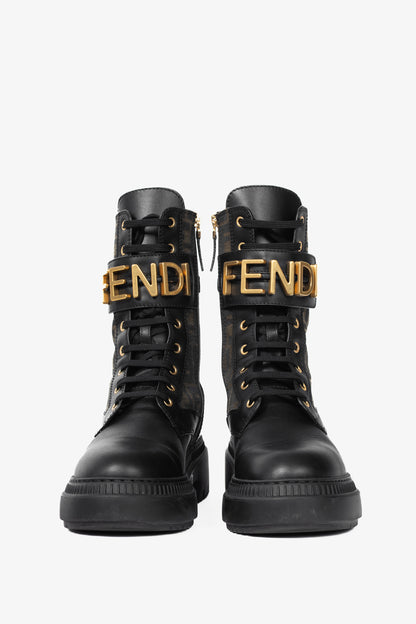 Fendi Fendigraphy Black Leather & Brown FF Pattern Combat Boots