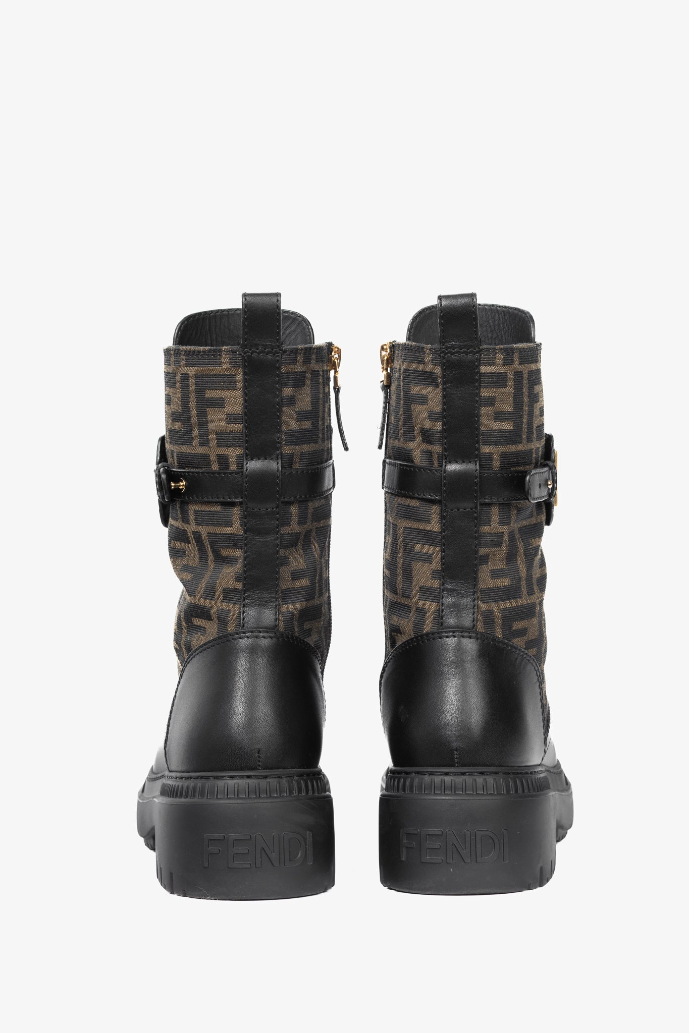 Fendi Fendigraphy Black Leather & Brown FF Pattern Combat Boots