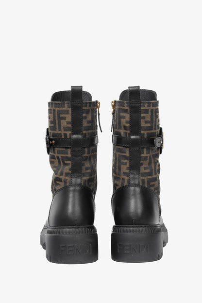Fendi Fendigraphy Black Leather & Brown FF Pattern Combat Boots