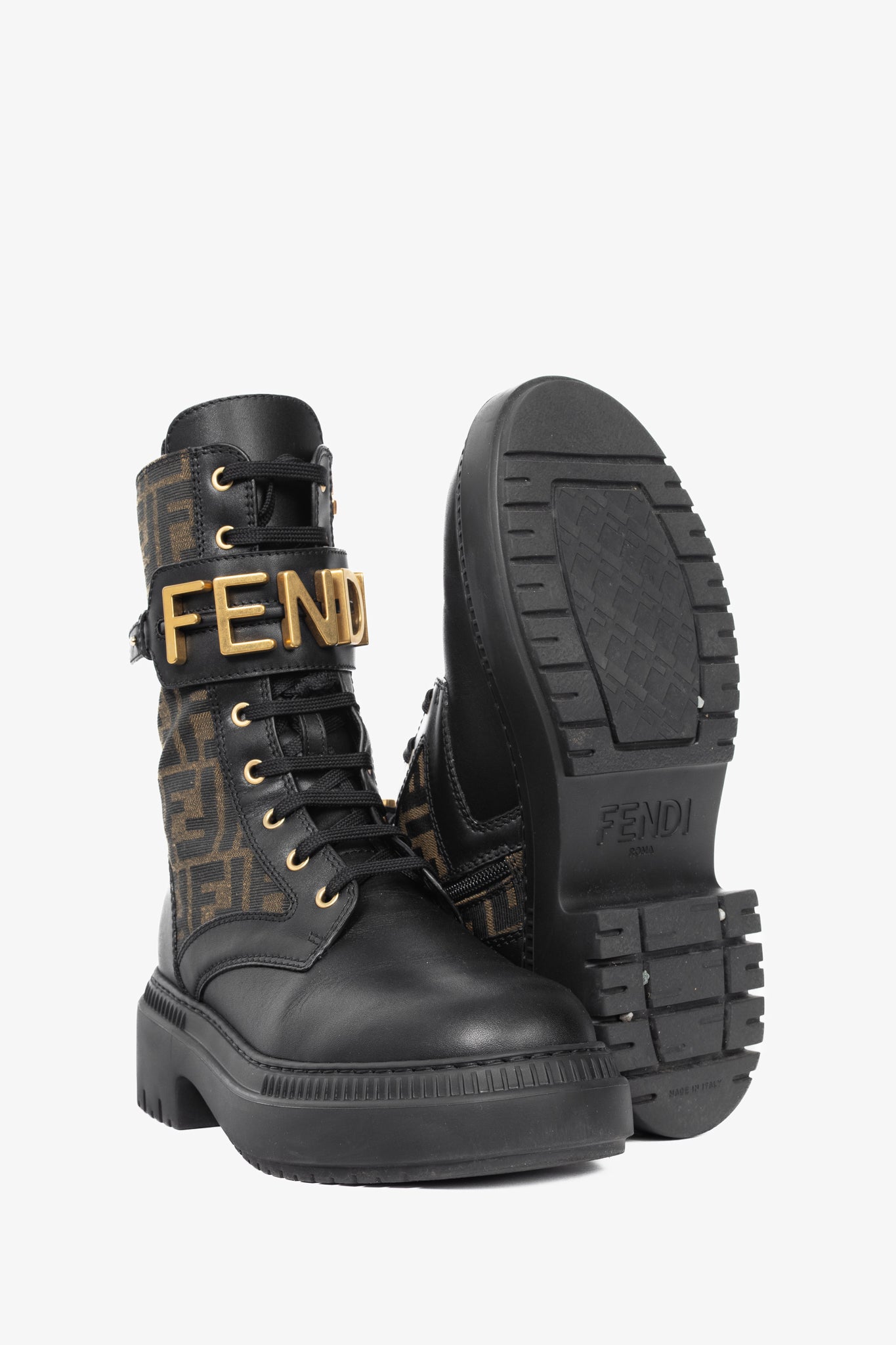 Fendi Fendigraphy Black Leather & Brown FF Pattern Combat Boots