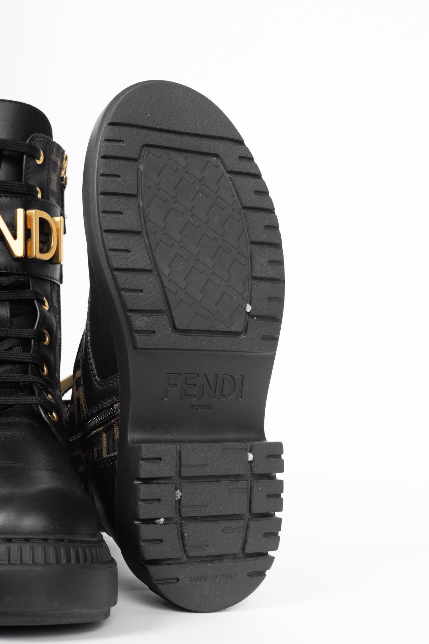 Fendi Fendigraphy Black Leather & Brown FF Pattern Combat Boots