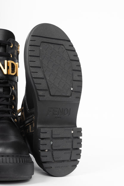 Fendi Fendigraphy Black Leather & Brown FF Pattern Combat Boots