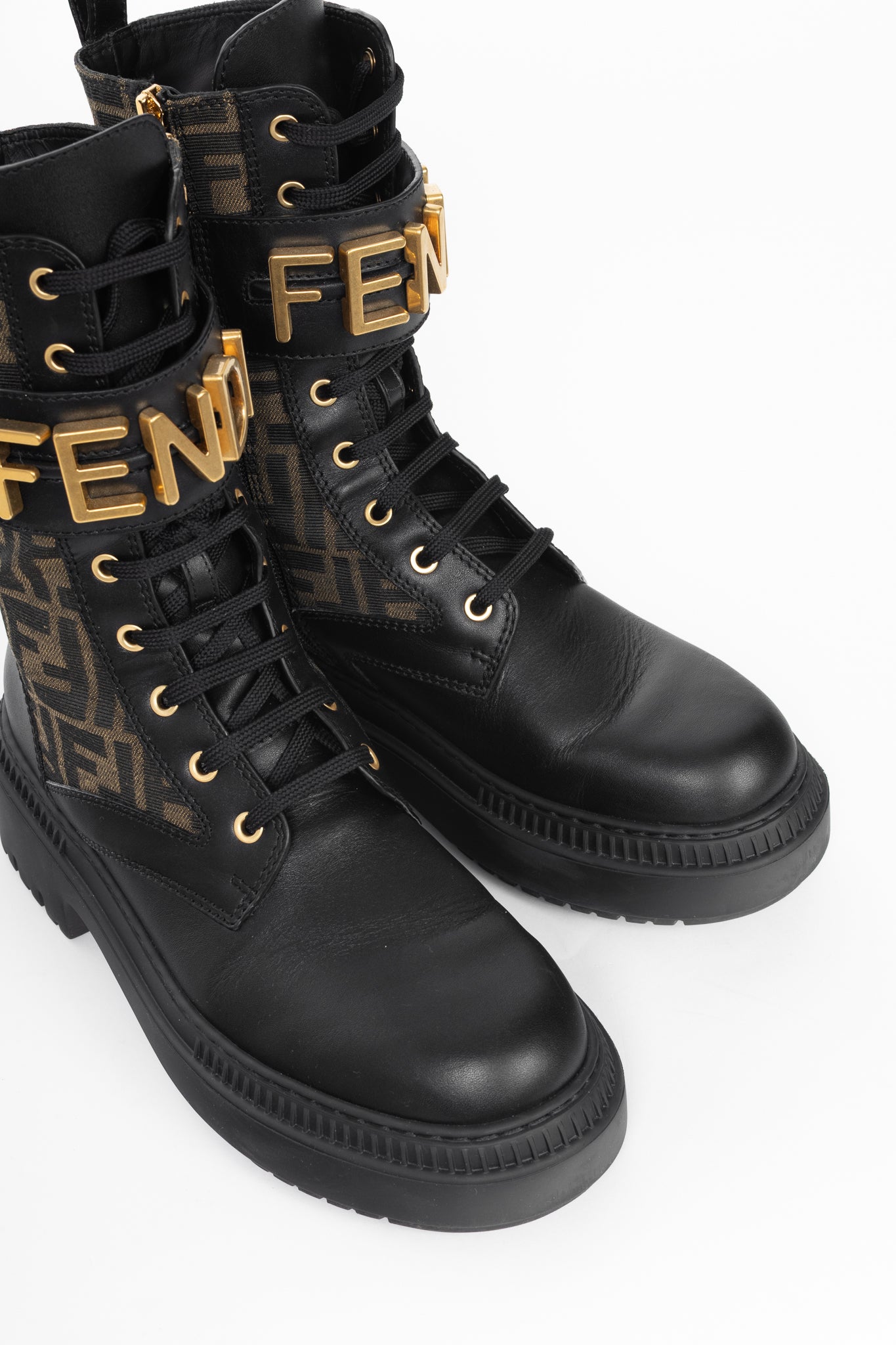 Fendi Fendigraphy Black Leather & Brown FF Pattern Combat Boots