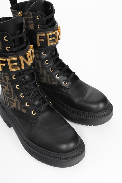 Fendi Fendigraphy Black Leather & Brown FF Pattern Combat Boots