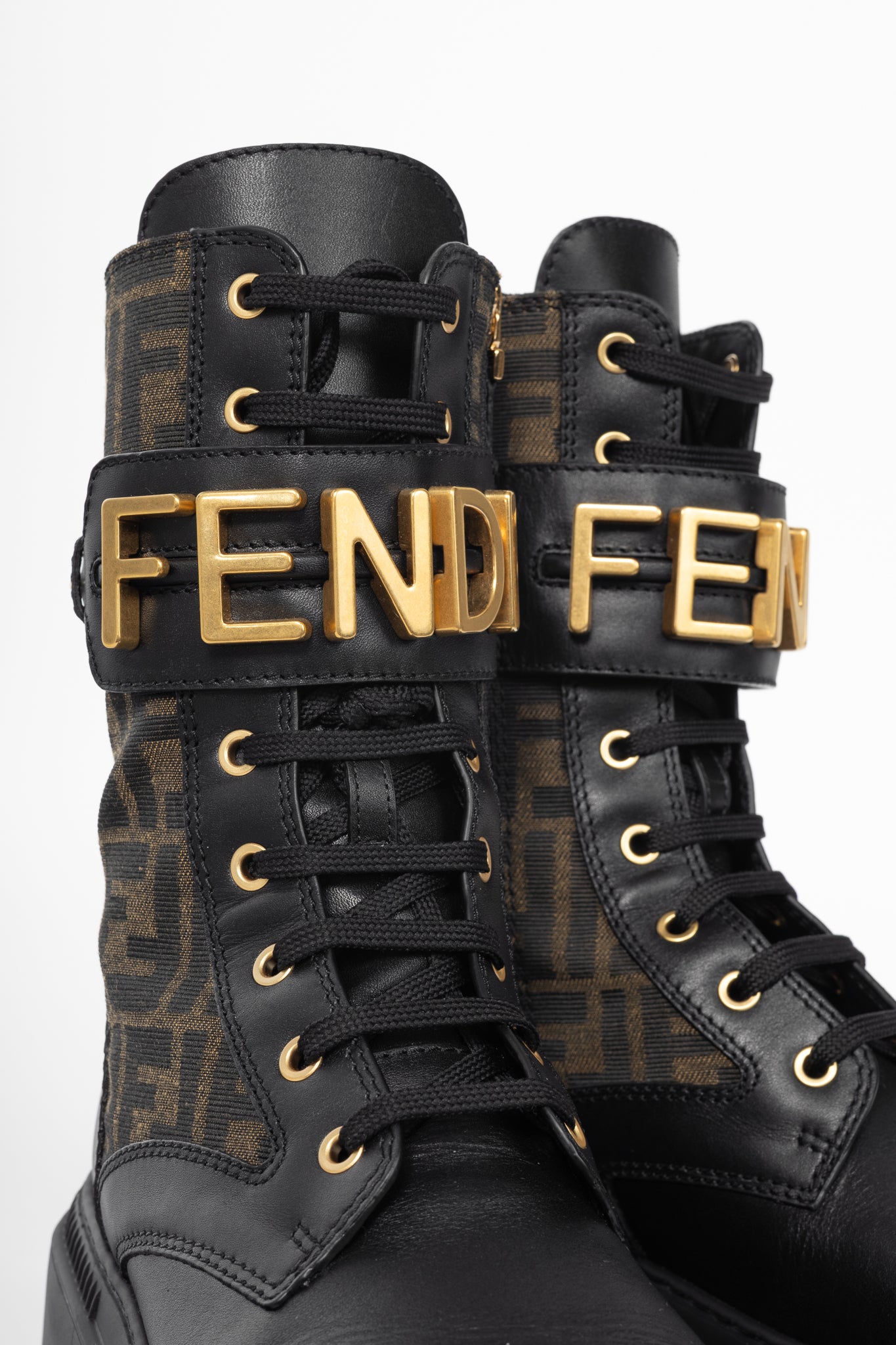Fendi Fendigraphy Black Leather & Brown FF Pattern Combat Boots
