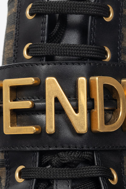 Fendi Fendigraphy Black Leather & Brown FF Pattern Combat Boots