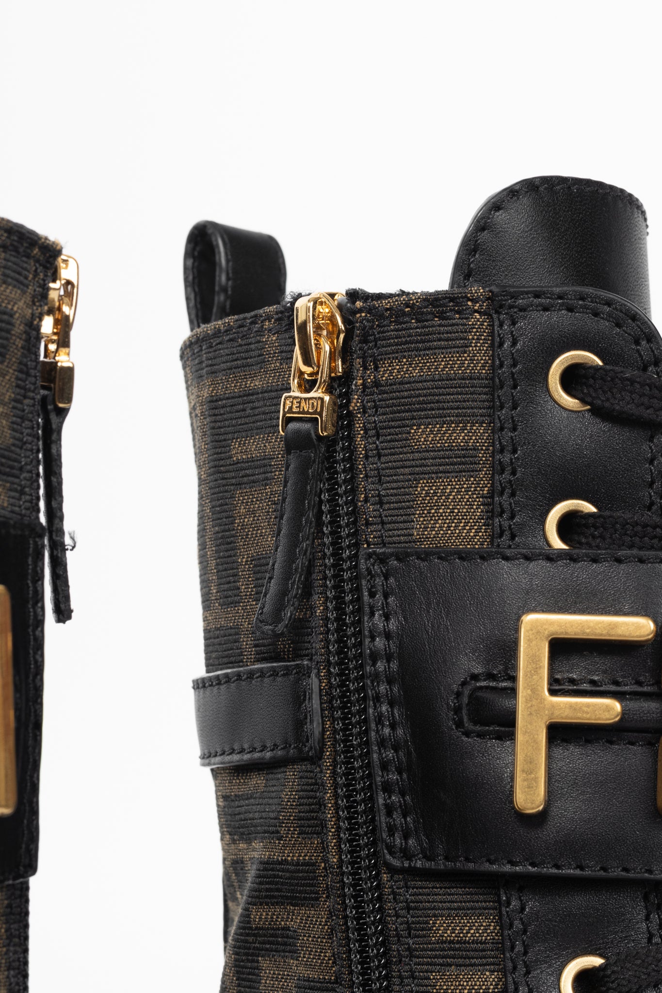 Fendi Fendigraphy Black Leather & Brown FF Pattern Combat Boots