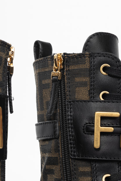 Fendi Fendigraphy Black Leather & Brown FF Pattern Combat Boots