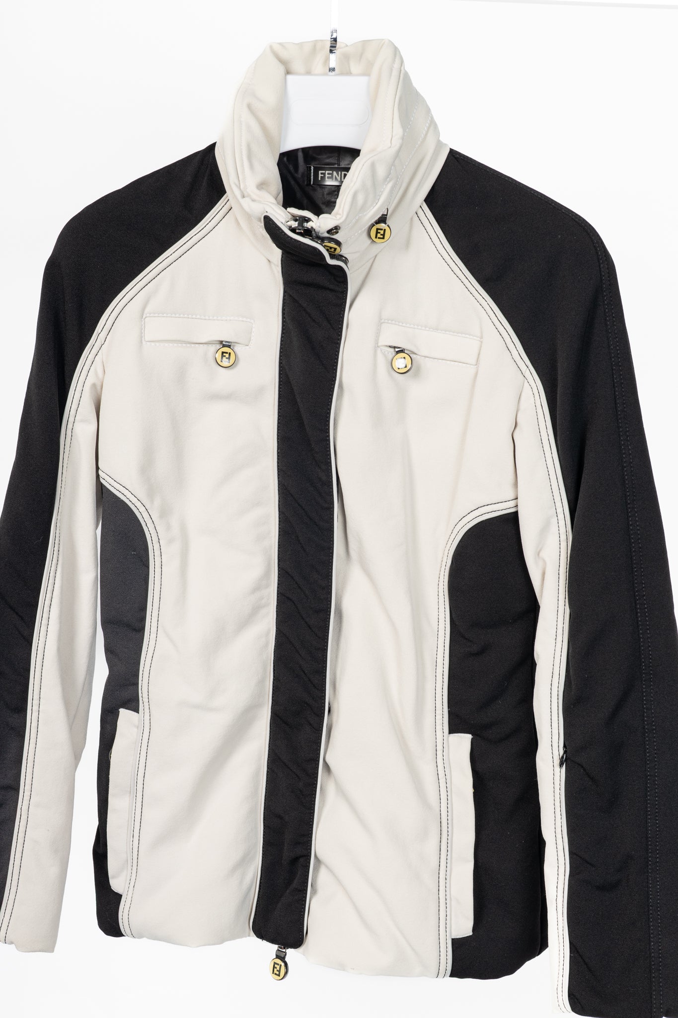 Fendi White & Black Colourblock Hidden-Hood Zip Jacket